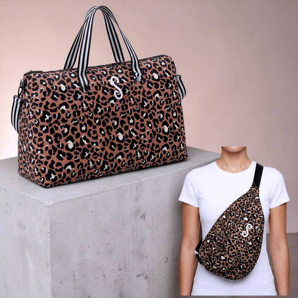 Marleylilly Leopard Print Monogram S Weekender Duffel and Sling Bag Set New